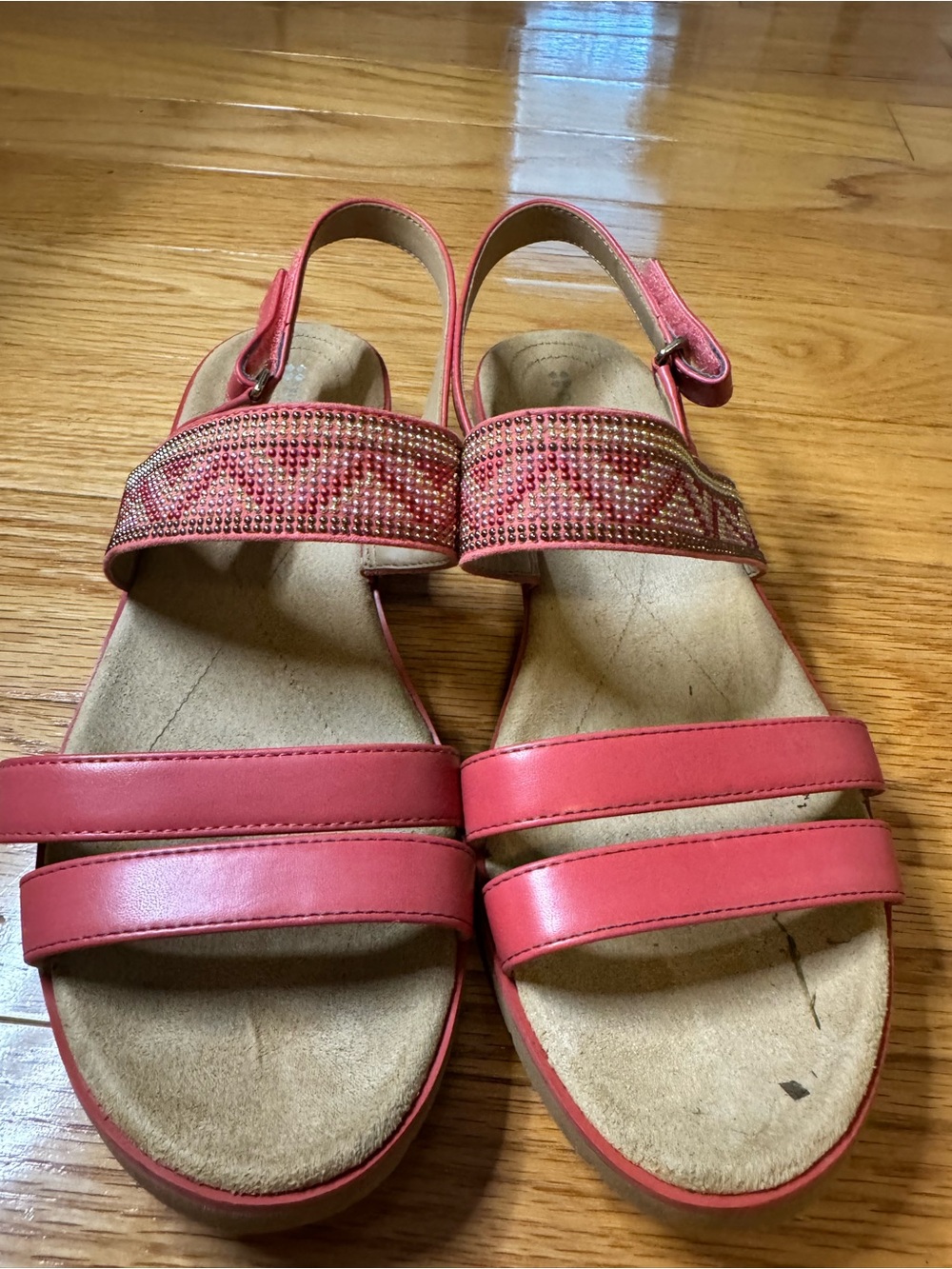 Naturalizer  Women's Coral Pink and gold Beaded Strap Sandals in 9W wide width
